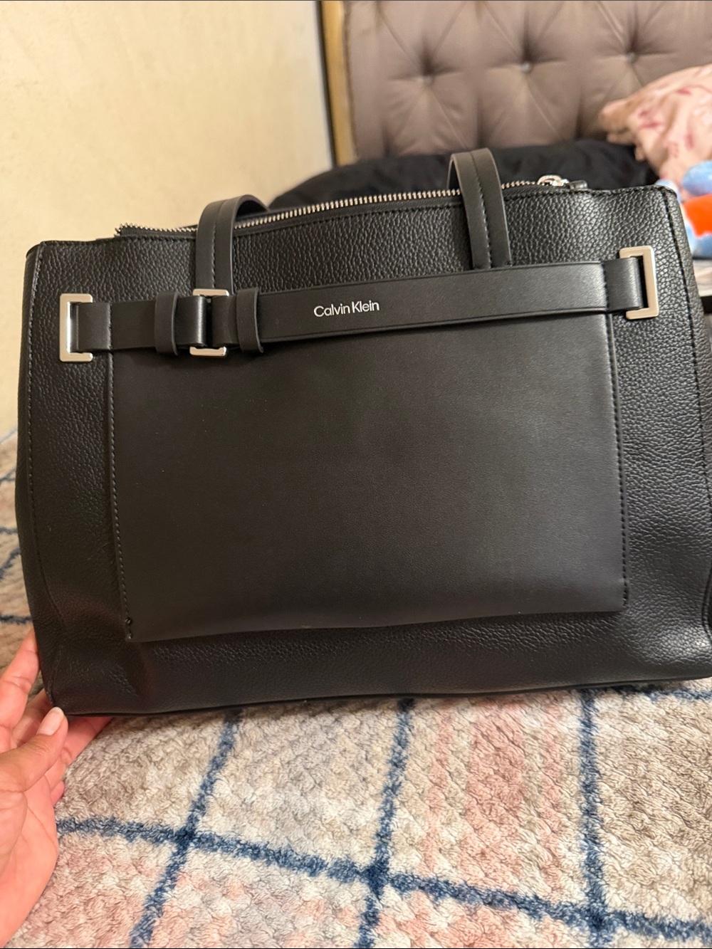 Calvin Klein Black Leather Structured Briefcase Tote